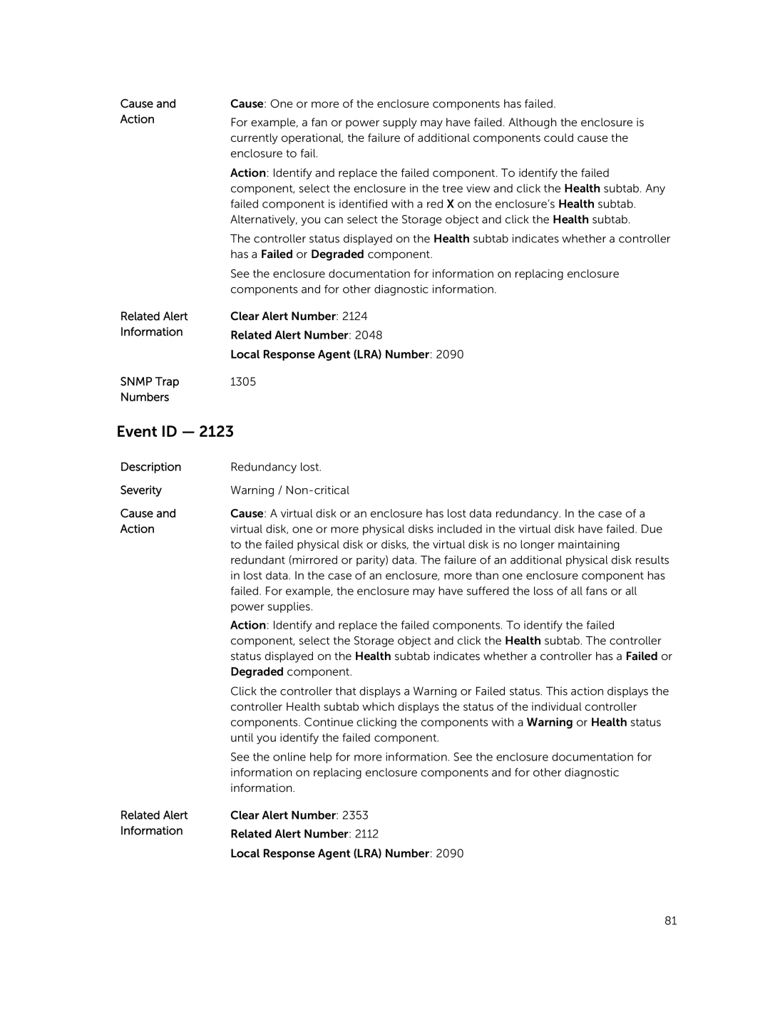 Dell 7.4 manual Redundancy lost 