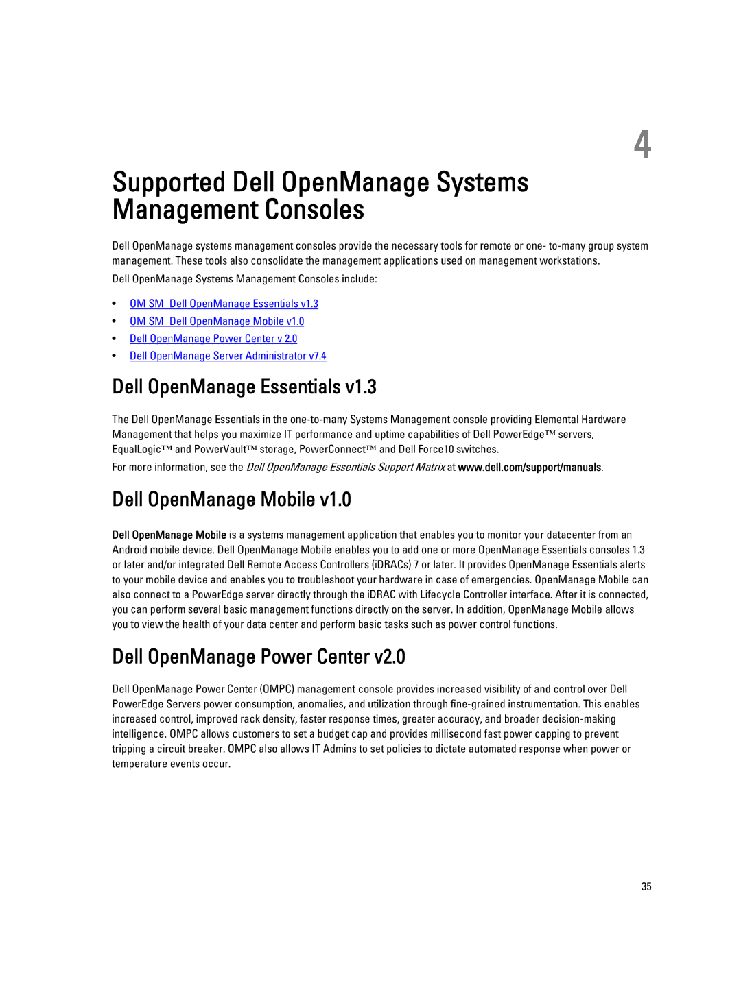 Dell 7.4 manual Dell OpenManage Essentials, Dell OpenManage Mobile, Dell OpenManage Power Center 