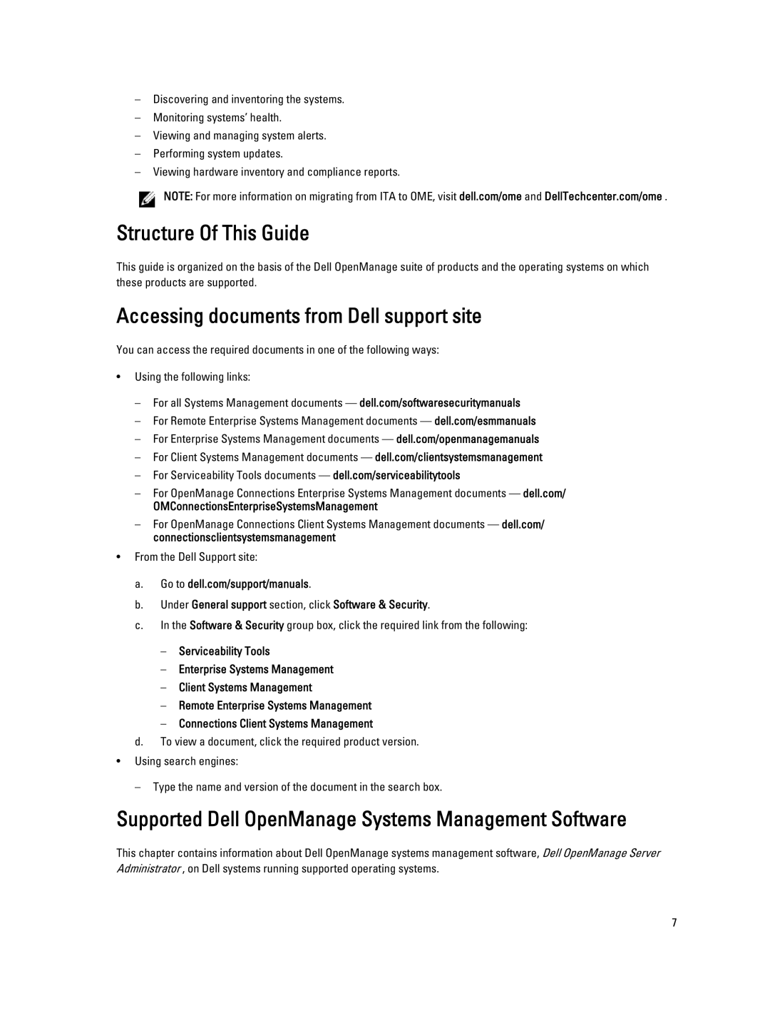 Dell 7.4 Structure Of This Guide, Accessing documents from Dell support site, OMConnectionsEnterpriseSystemsManagement 