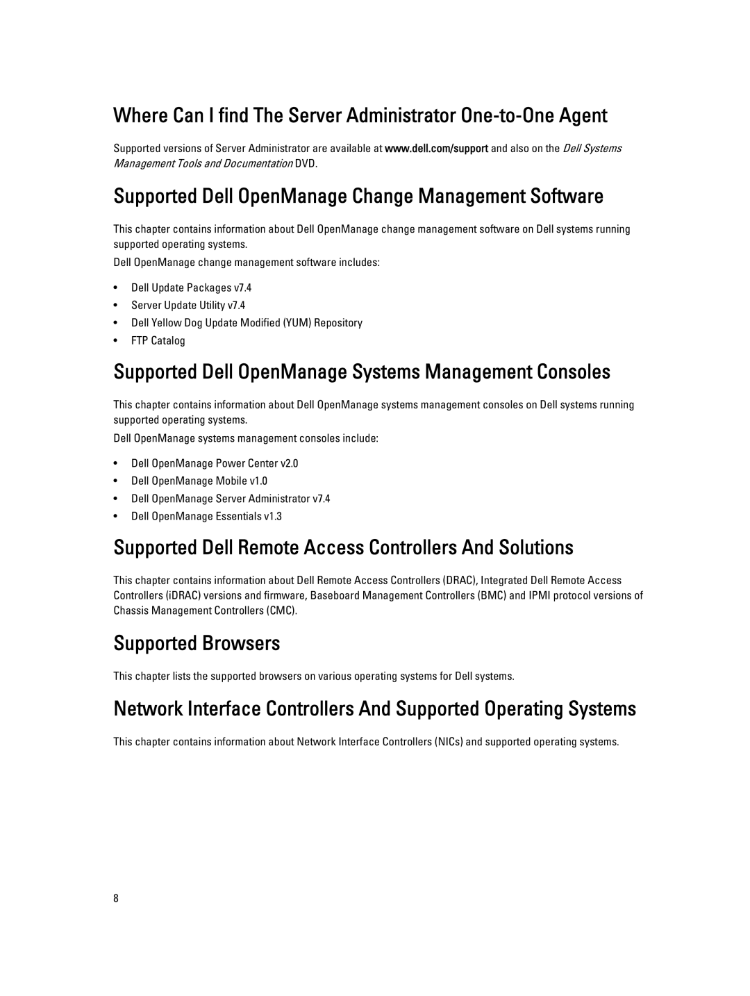 Dell 7.4 Supported Dell OpenManage Systems Management Consoles, Supported Dell Remote Access Controllers And Solutions 