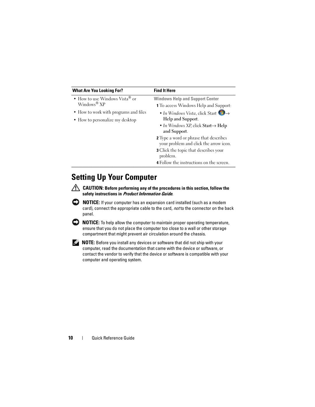 Dell 740 manual Setting Up Your Computer, Windows XP, Problem 