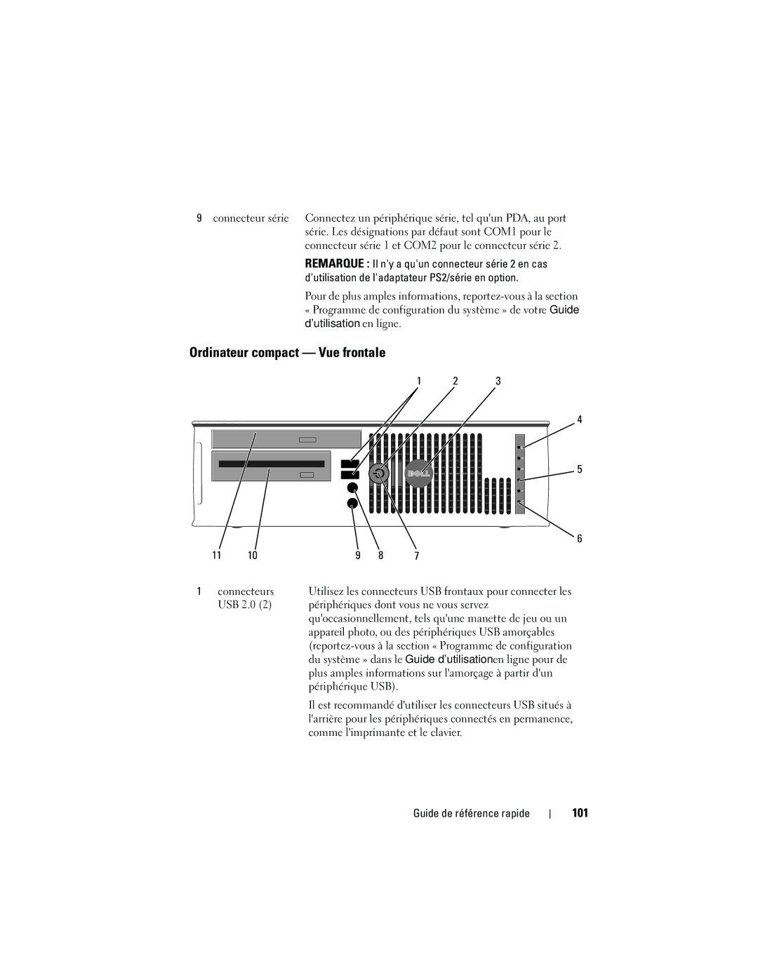 Dell 740 manual Ordinateur compact Vue frontale, 101 