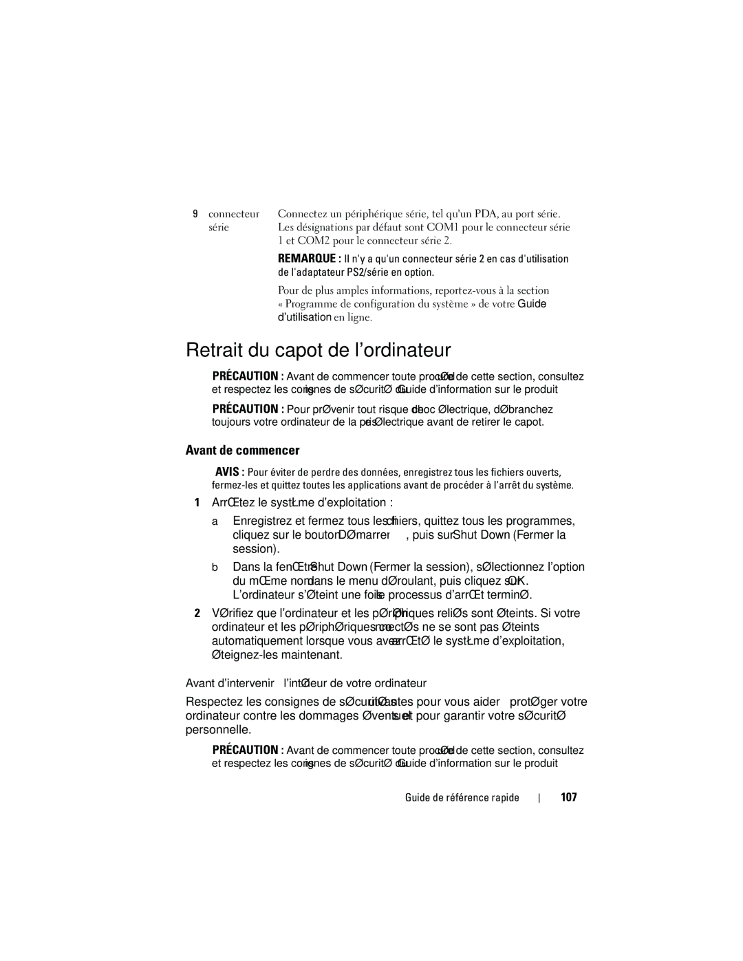 Dell 740 Retrait du capot de lordinateur, Avant de commencer, Avant dintervenir à lintérieur de votre ordinateur, 107 