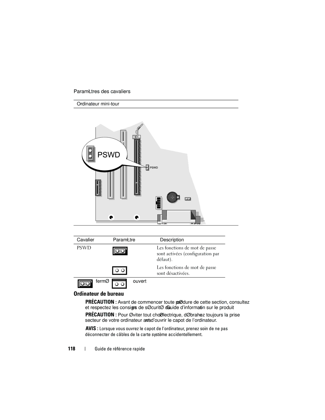 Dell 740 manual Paramètres des cavaliers, 118, Ordinateur mini-tour Cavalier Paramètre 