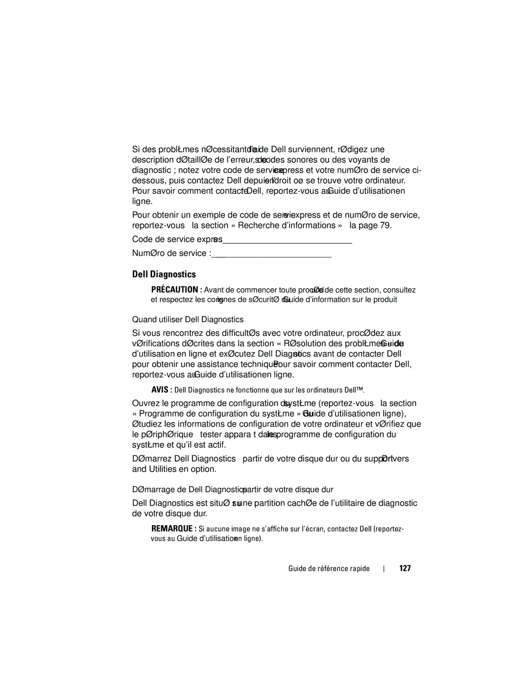 Dell 740 manual Quand utiliser Dell Diagnostics, Démarrage de Dell Diagnostics à partir de votre disque dur, 127 