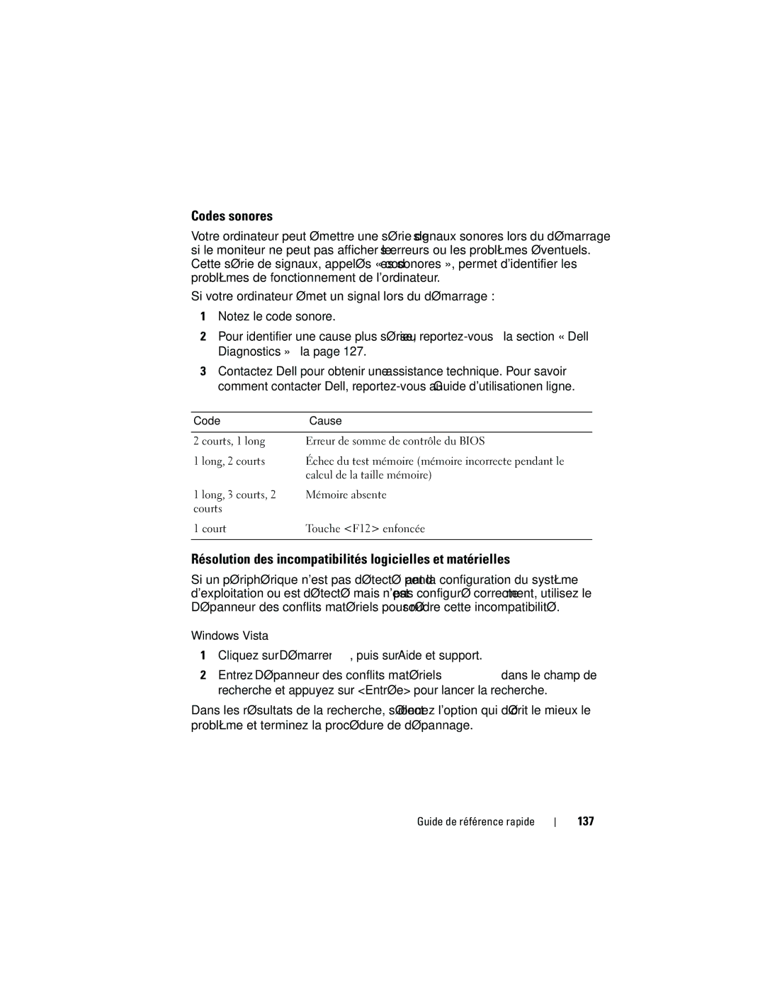 Dell 740 manual Codes sonores, Résolution des incompatibilités logicielles et matérielles, 137 