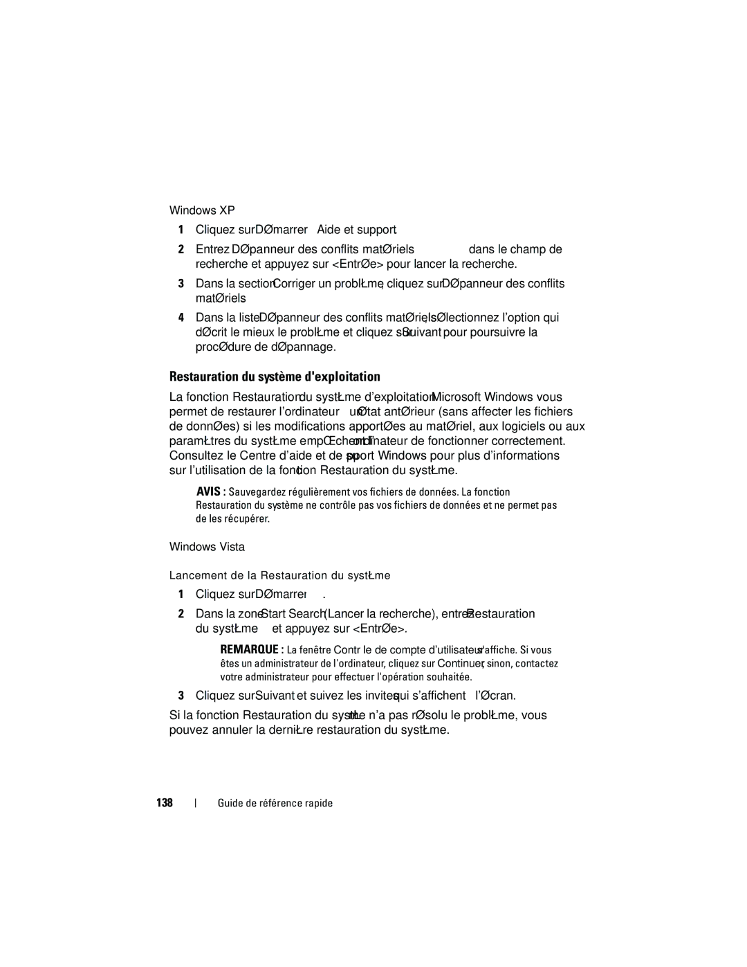 Dell 740 manual Restauration du système dexploitation, Windows XP Cliquez sur Démarrer→ Aide et support, 138 