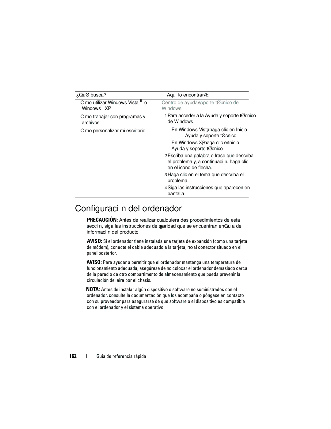 Dell 740 manual Configuración del ordenador, 162 