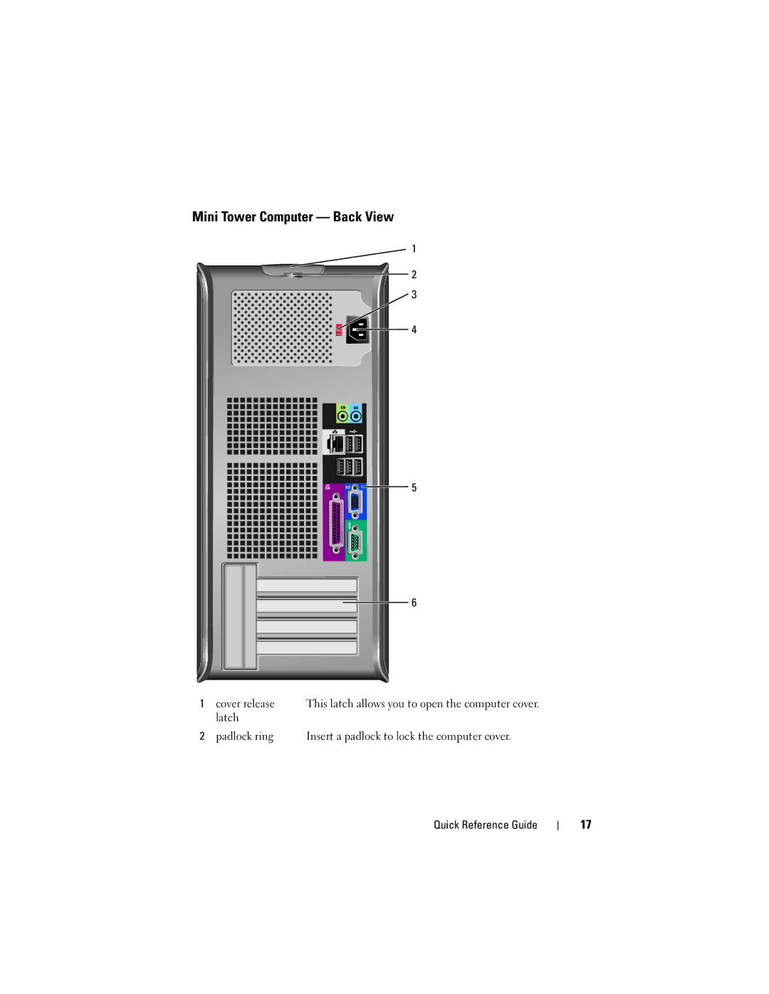 Dell 740 manual Mini Tower Computer Back View 