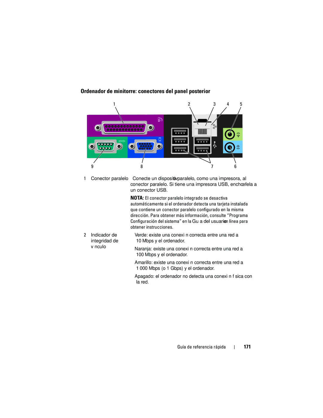 Dell 740 manual Ordenador de minitorre conectores del panel posterior, 171 