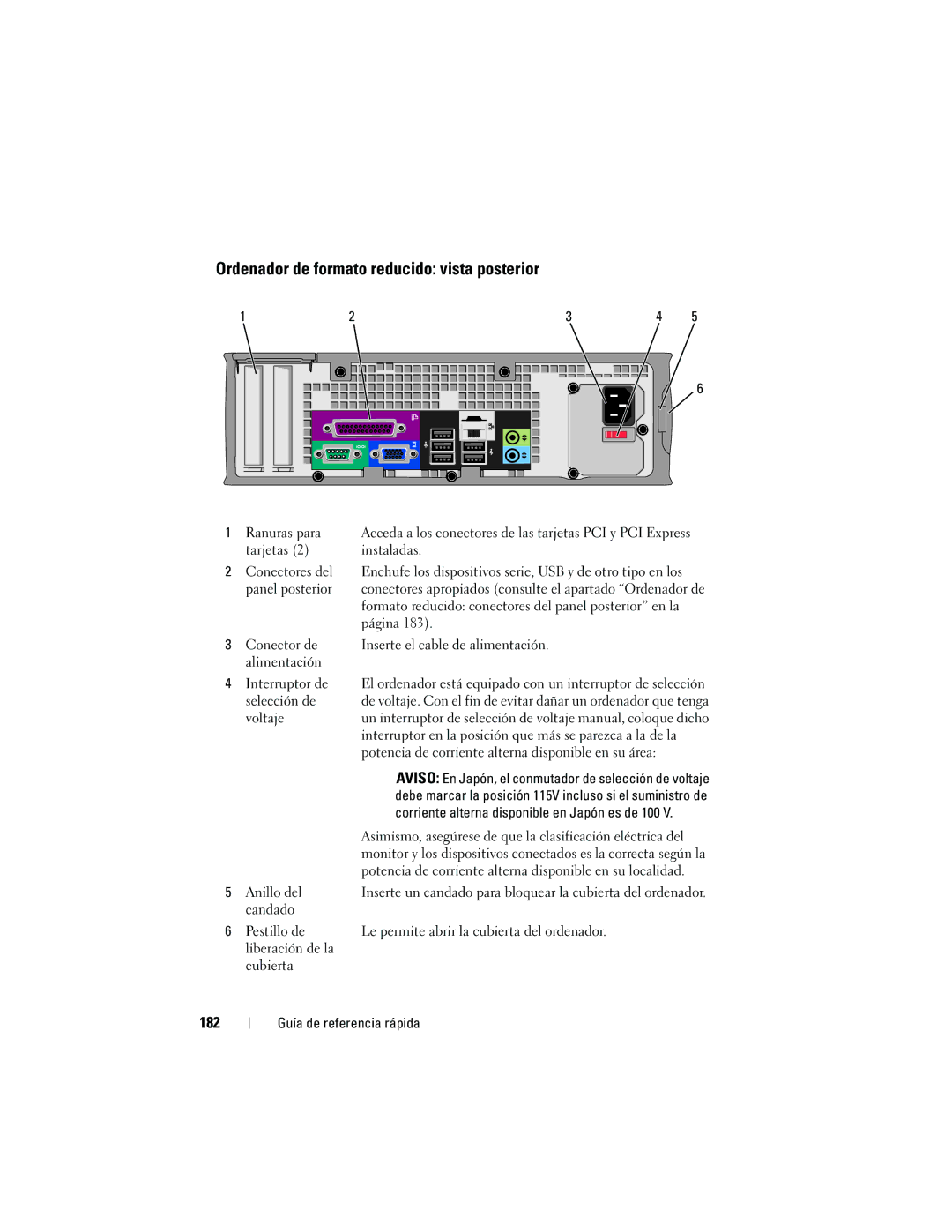 Dell 740 manual Ordenador de formato reducido vista posterior, 182 