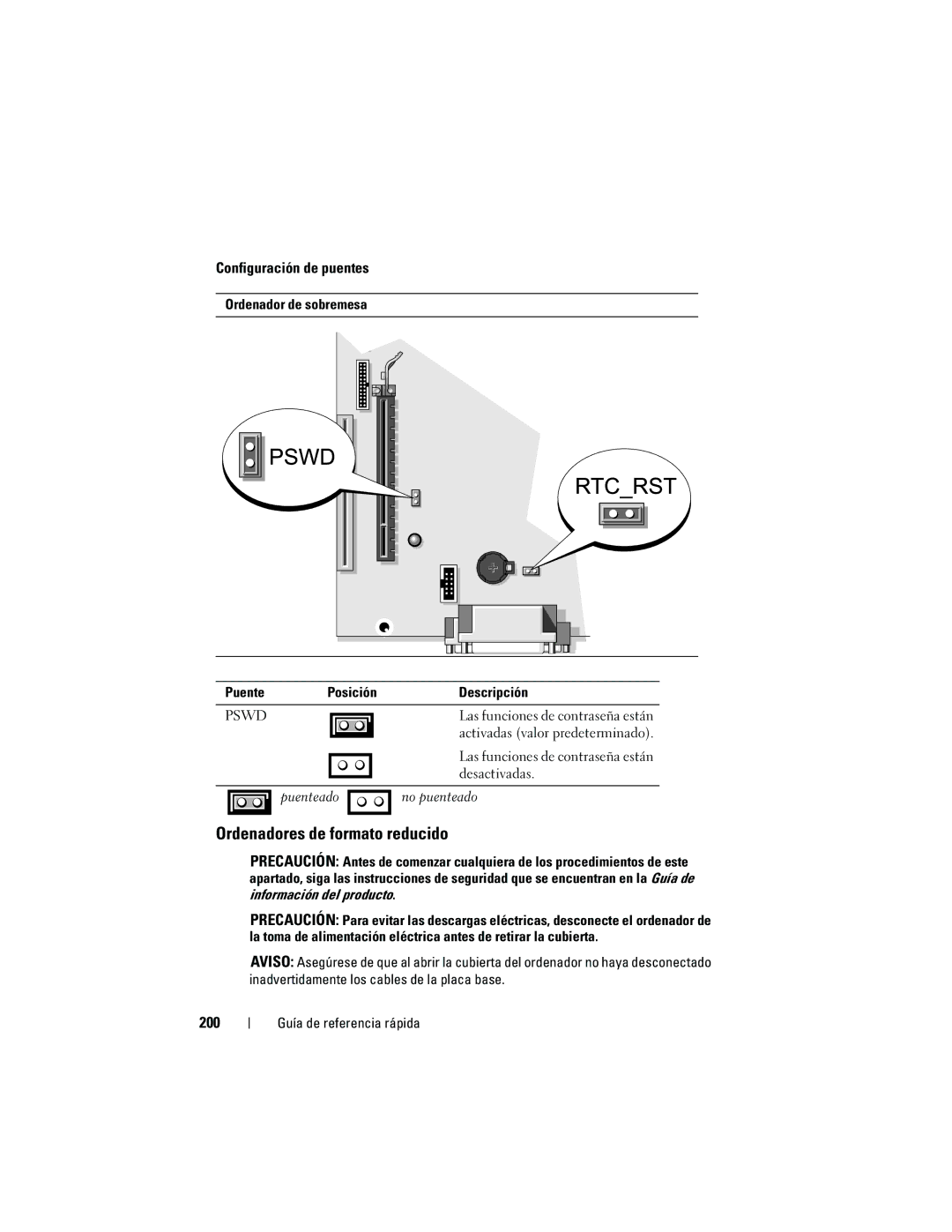 Dell 740 manual Ordenadores de formato reducido, 200, Ordenador de sobremesa Puente Posición Descripción 