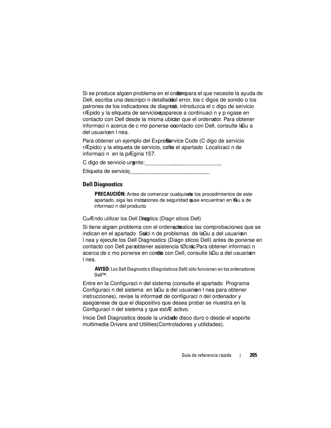 Dell 740 manual Cuándo utilizar los Dell Diagnostics Diagnósticos Dell, 205 