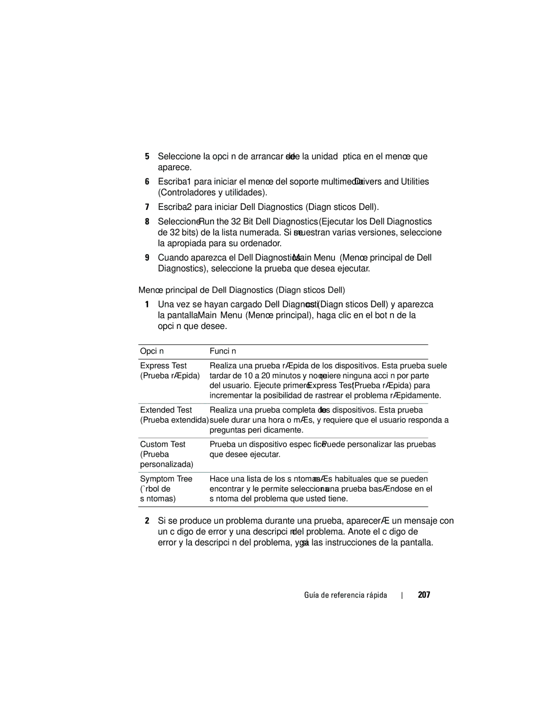 Dell 740 manual Menú principal de Dell Diagnostics Diagnósticos Dell, 207, Opción Función 