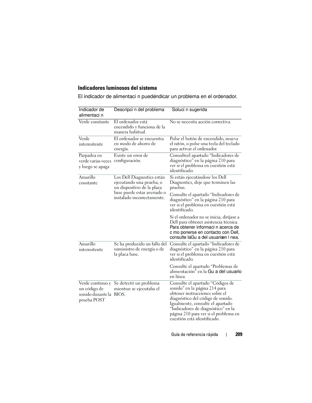 Dell 740 manual Indicadores luminosos del sistema, 209 