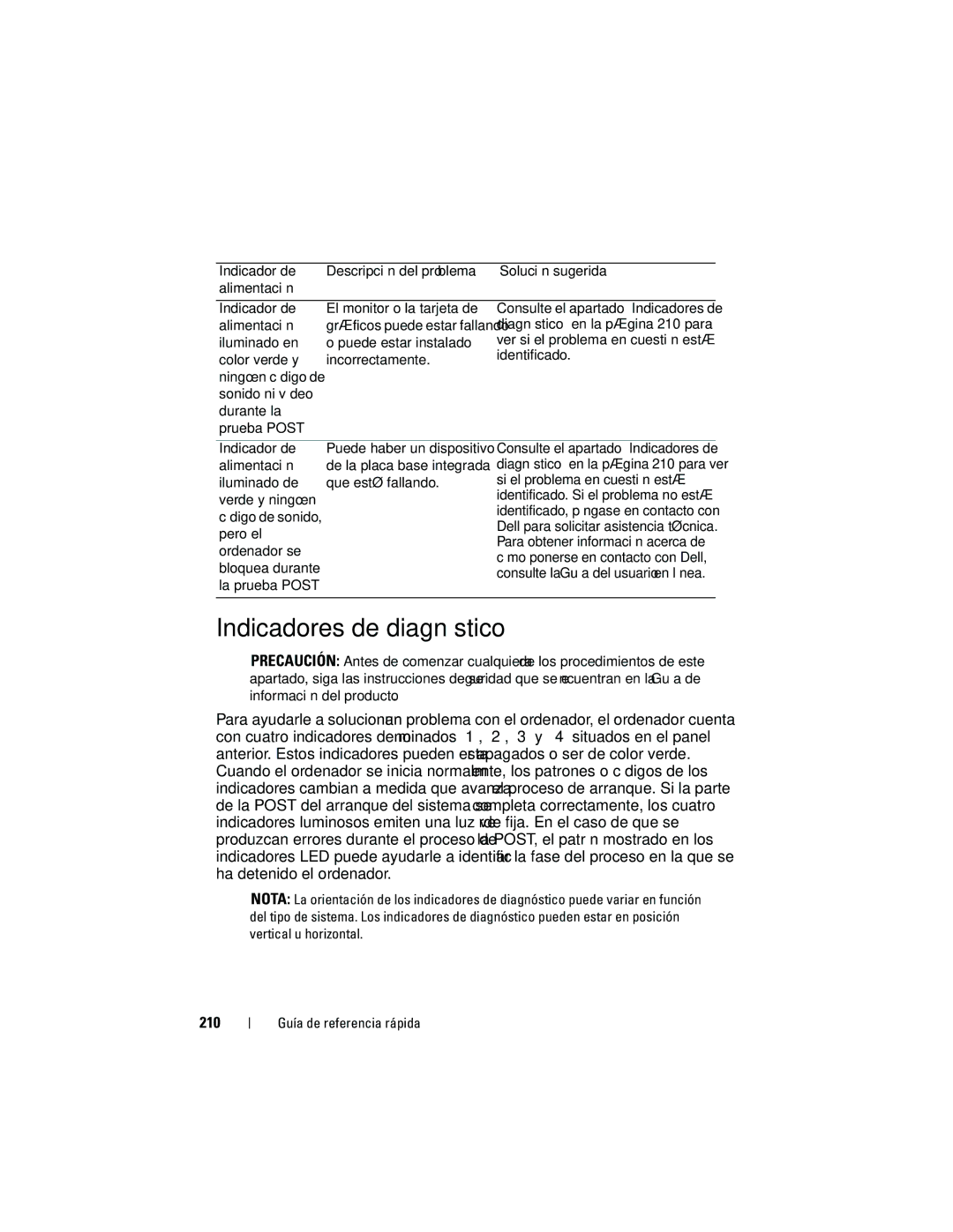 Dell 740 manual Indicadores de diagnóstico, 210, Información del producto 