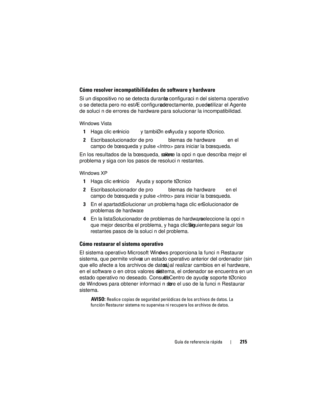 Dell 740 manual Cómo resolver incompatibilidades de software y hardware, Cómo restaurar el sistema operativo, 215 