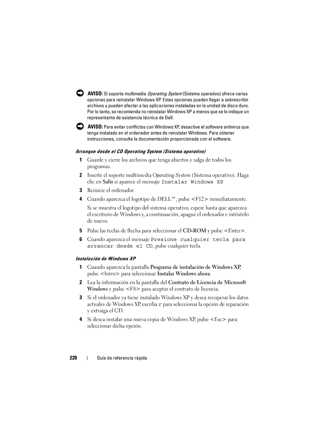 Dell 740 manual 220, Arranque desde el CD Operating System Sistema operativo, Instalación de Windows XP 