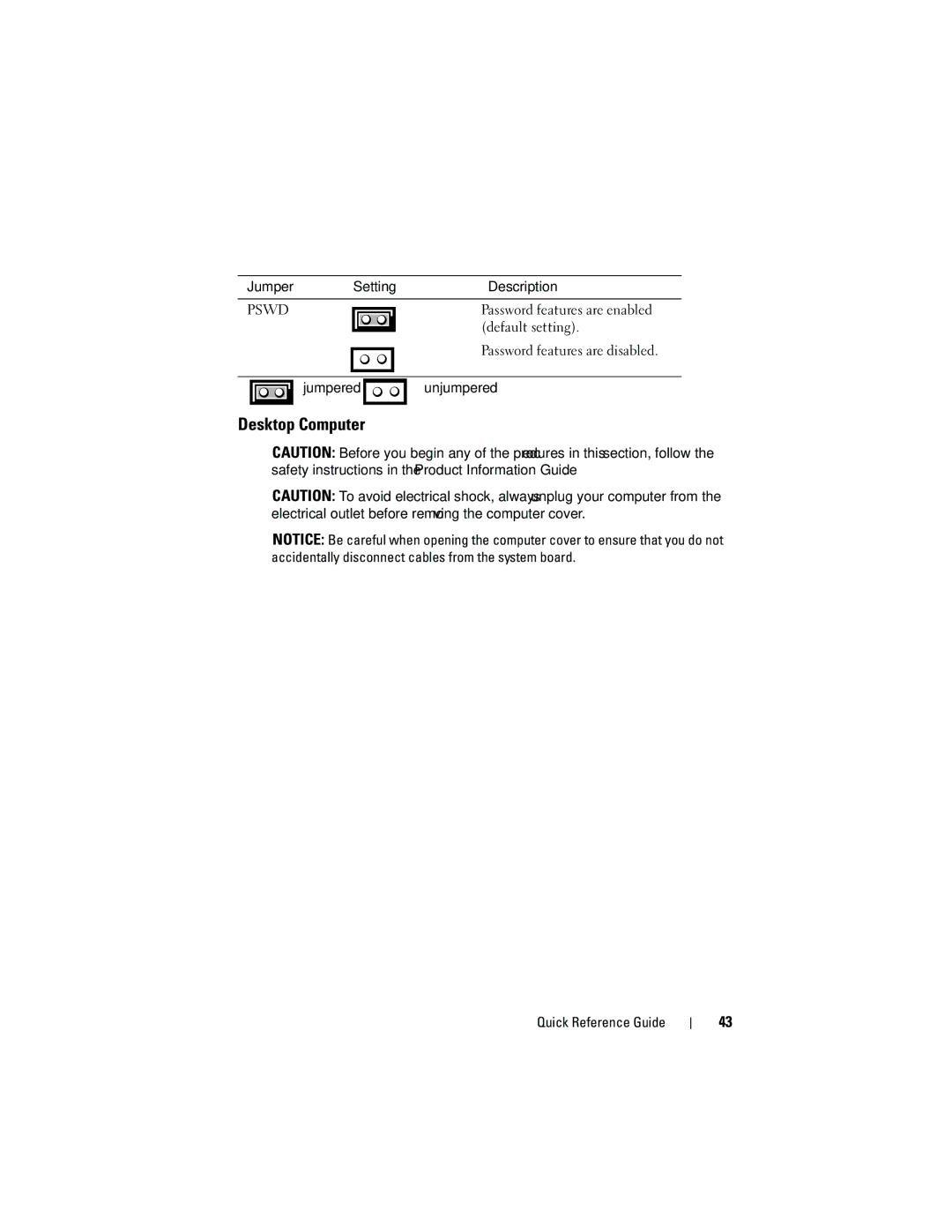 Dell 740 manual Jumper Setting Description, Pswd 