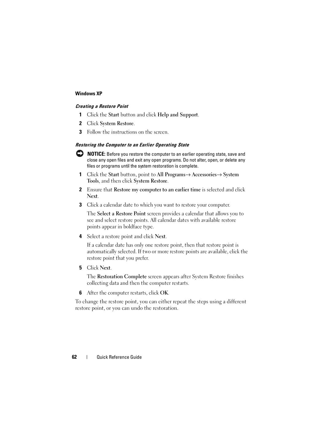 Dell 740 manual Creating a Restore Point, Restoring the Computer to an Earlier Operating State 