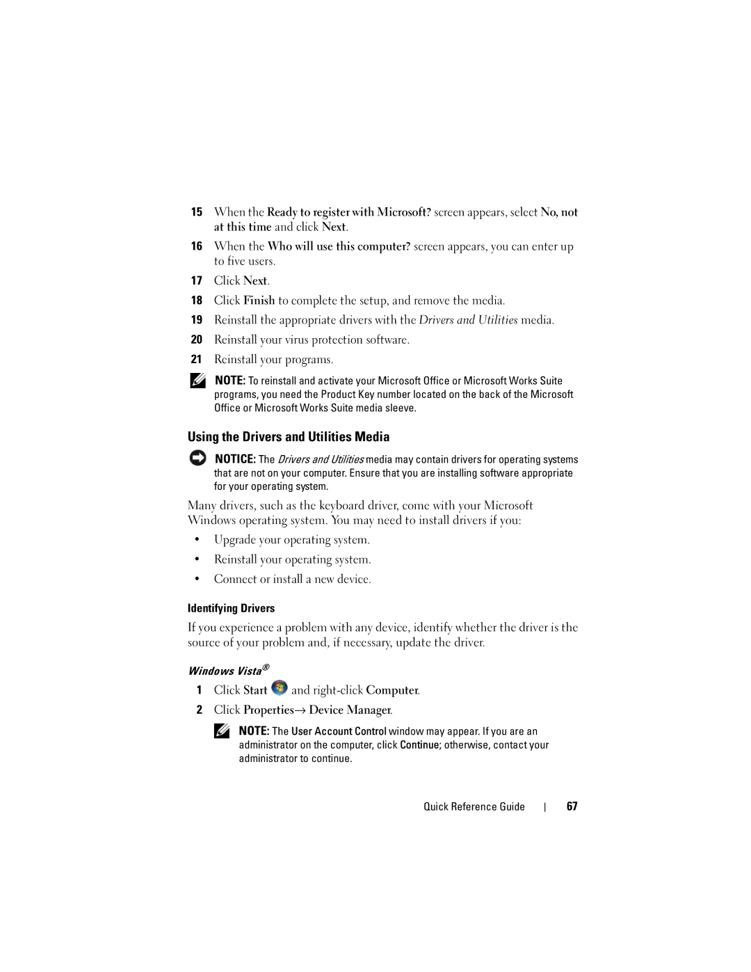 Dell 740 manual Using the Drivers and Utilities Media, Windows Vista 