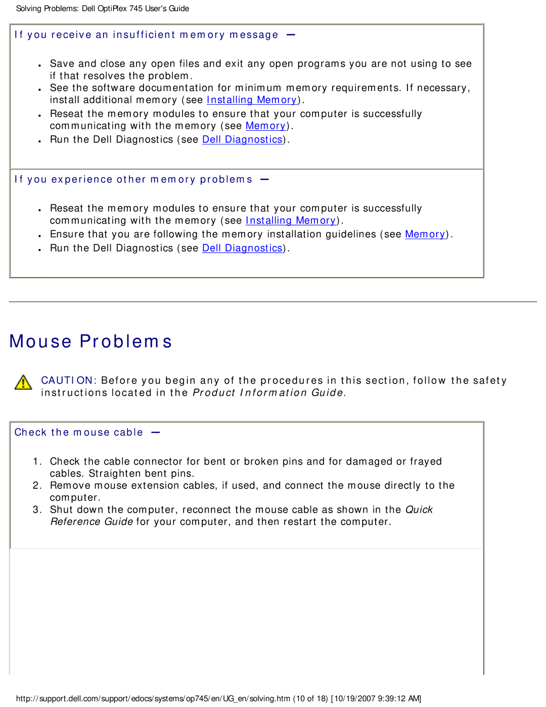 Dell 745 manual Mouse Problems, If you receive an insufficient memory message, If you experience other memory problems 