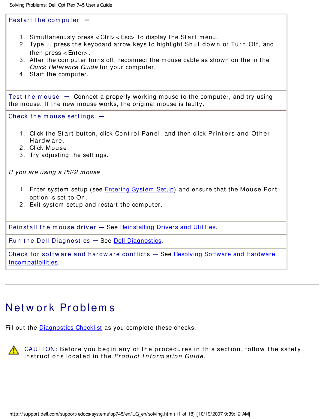 Dell 745 manual Network Problems, Restart the computer, Check the mouse settings 