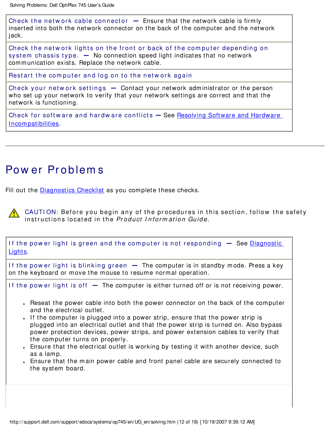 Dell 745 manual Power Problems, Lights 