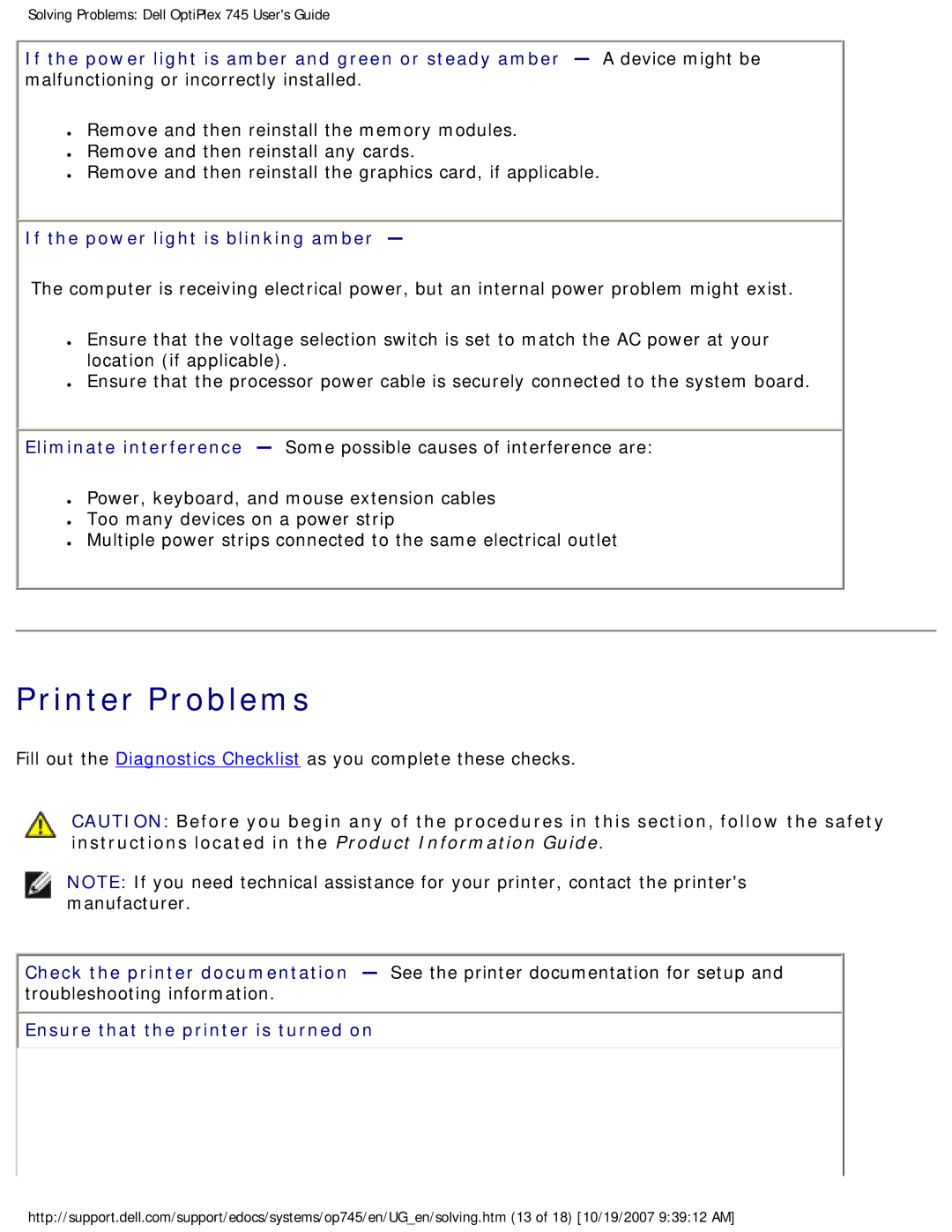 Dell 745 manual Printer Problems, If the power light is blinking amber, Ensure that the printer is turned on 