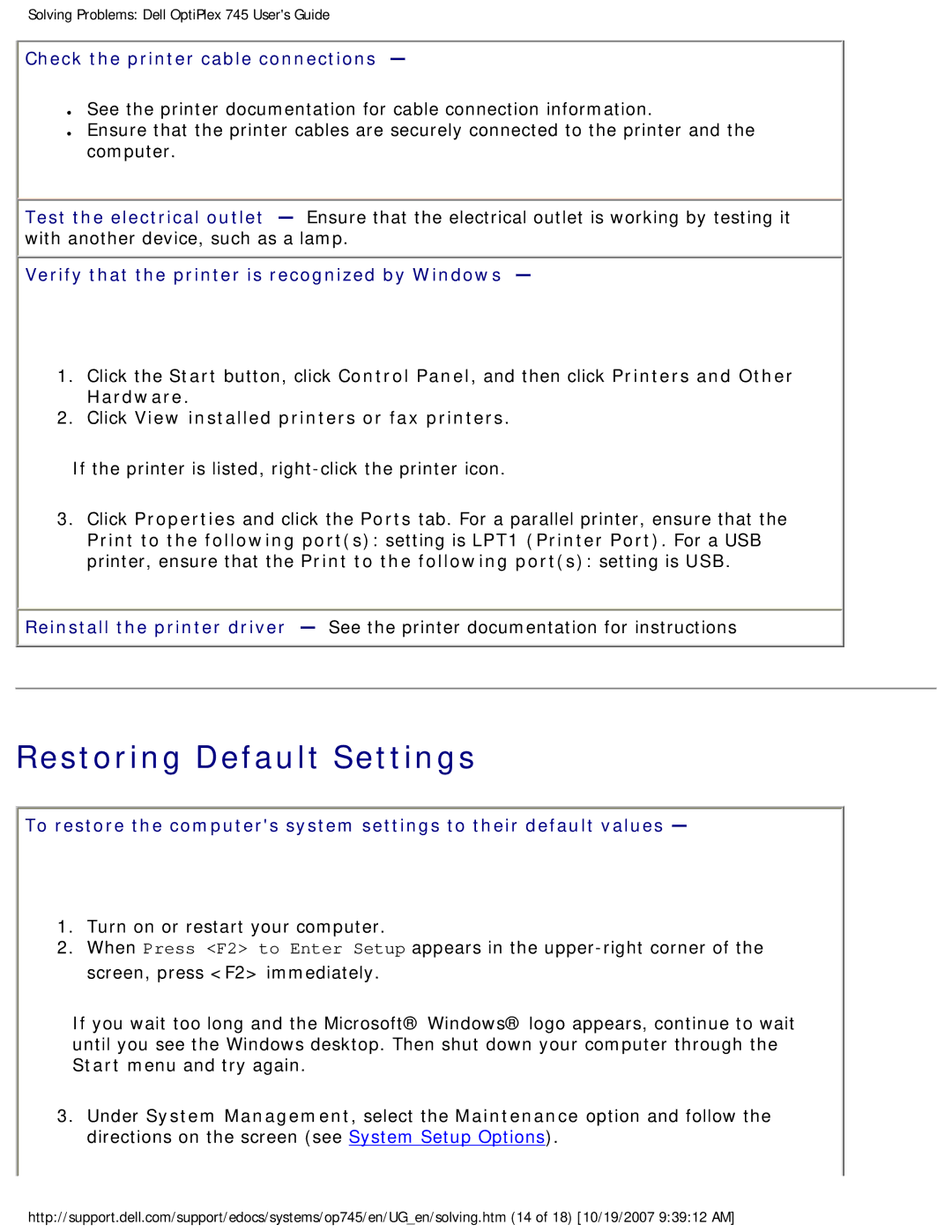 Dell 745 Restoring Default Settings, Check the printer cable connections, Verify that the printer is recognized by Windows 