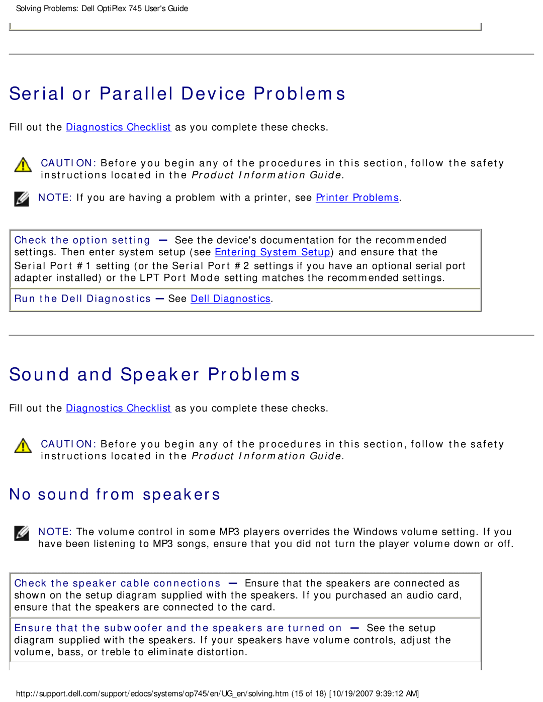 Dell 745 manual Serial or Parallel Device Problems, Sound and Speaker Problems, No sound from speakers 