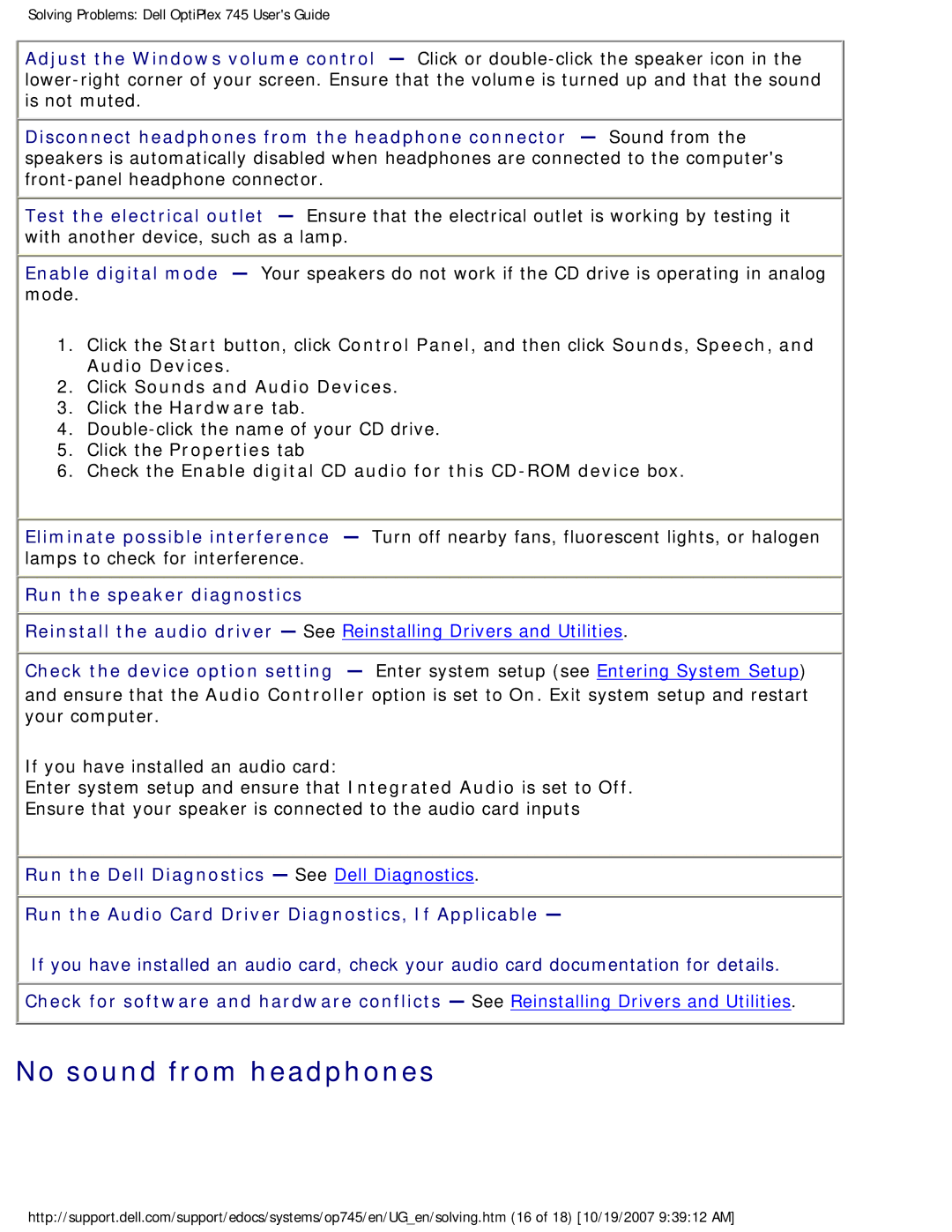 Dell 745 manual No sound from headphones, Run the speaker diagnostics 