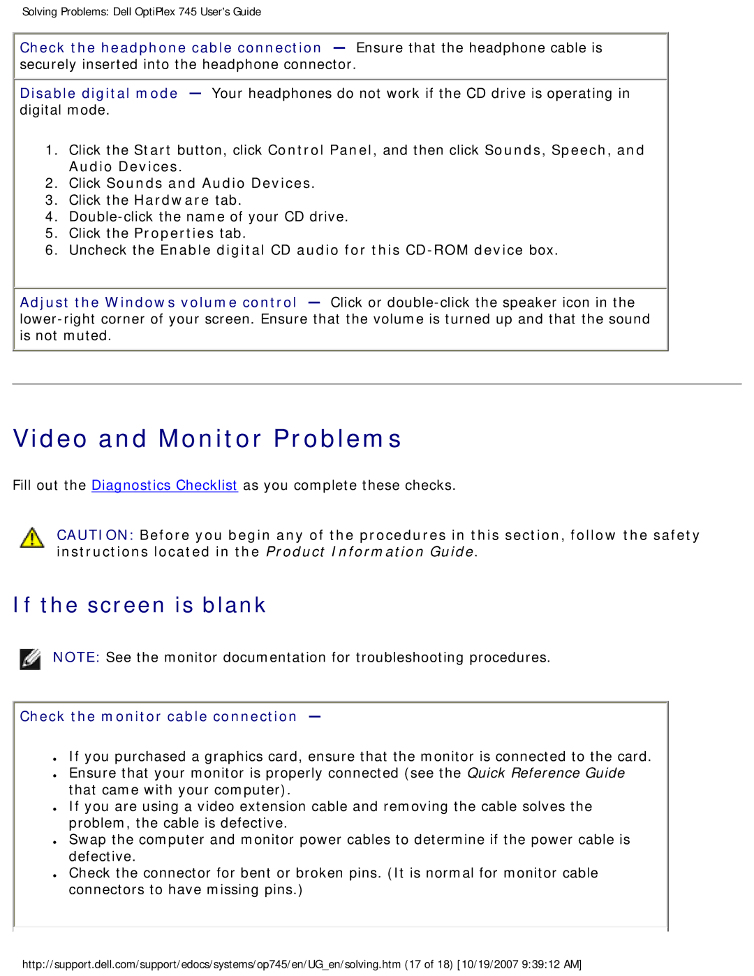 Dell 745 manual Video and Monitor Problems, If the screen is blank, Check the monitor cable connection 