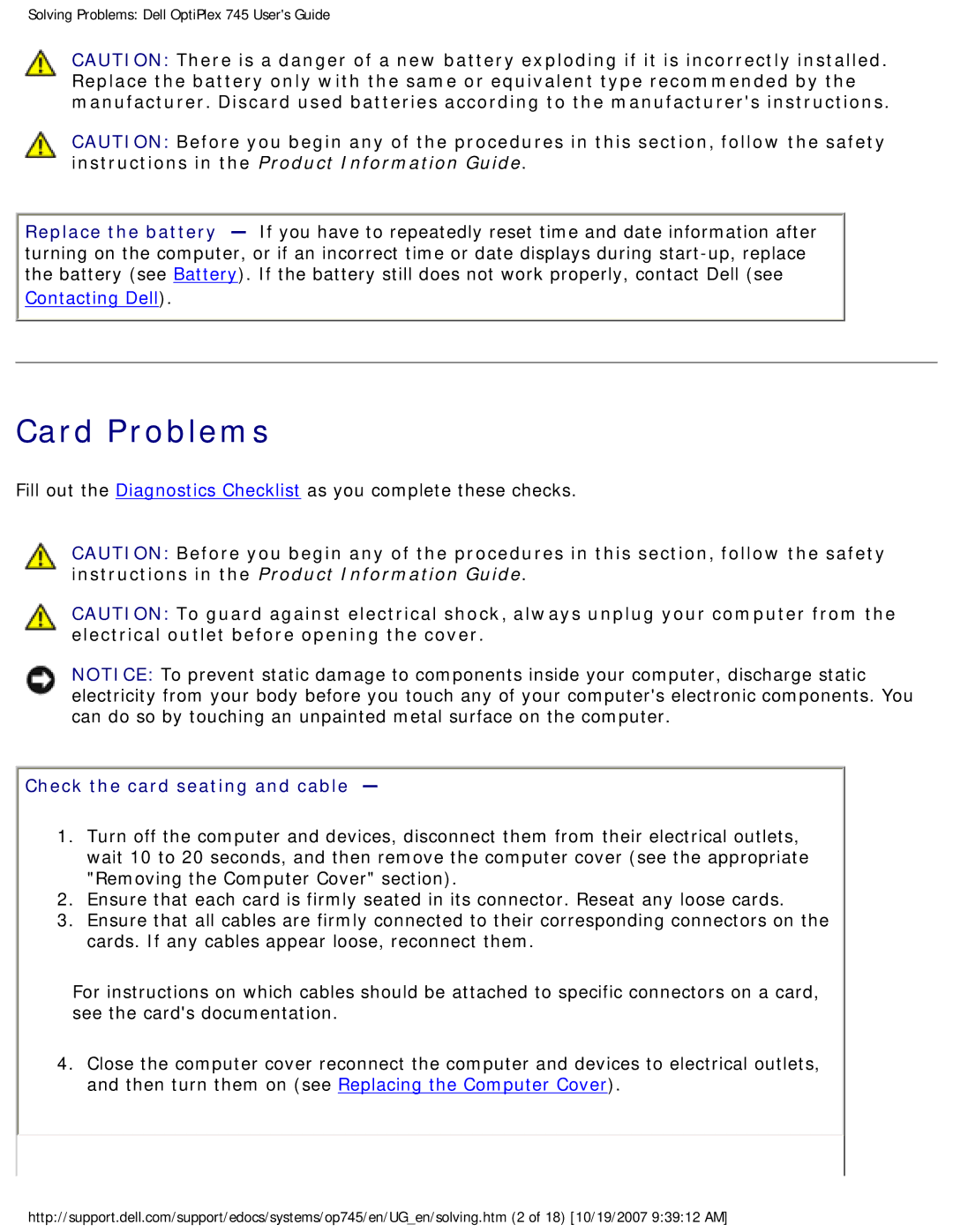 Dell 745 manual Card Problems, Check the card seating and cable 