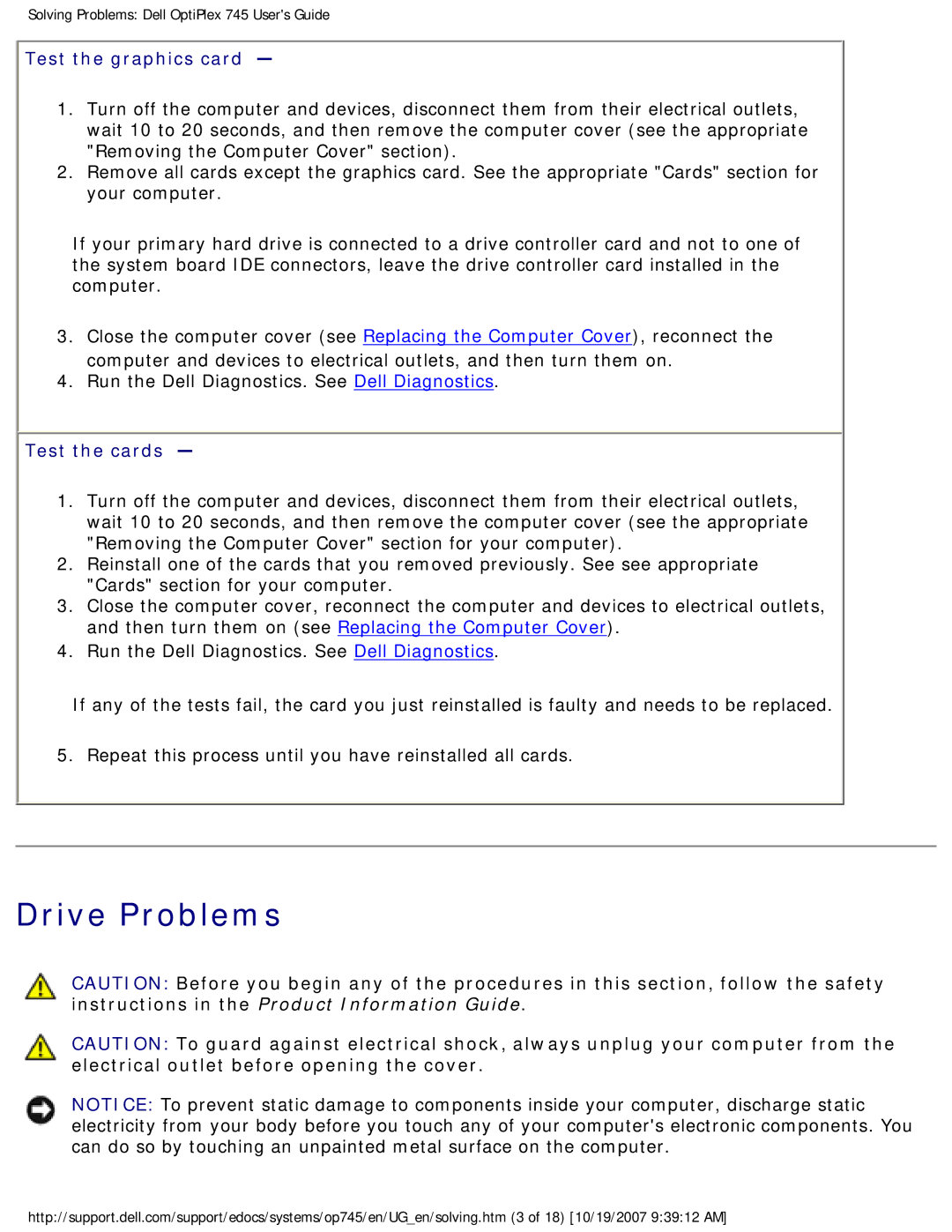 Dell 745 manual Drive Problems, Test the graphics card, Test the cards 