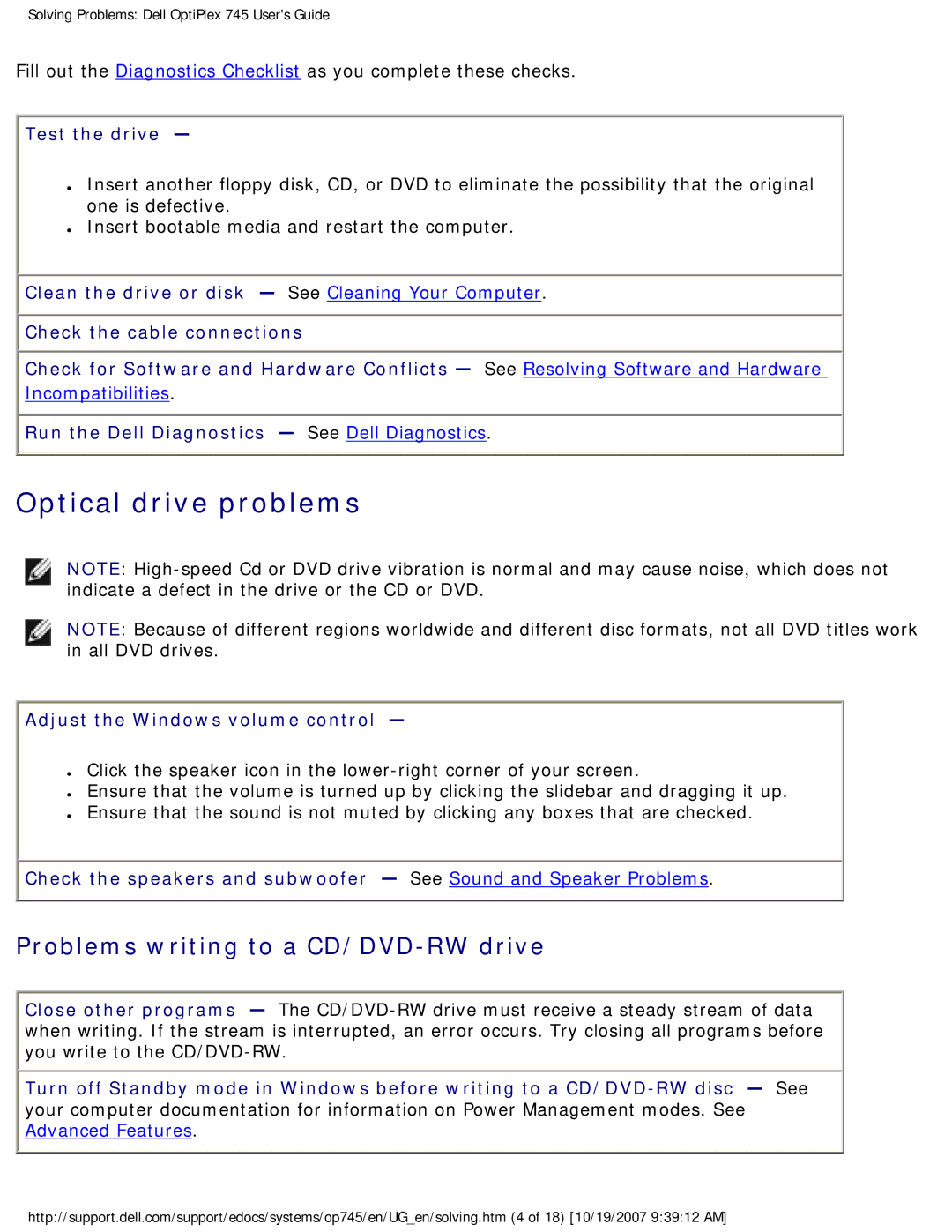 Dell 745 manual Optical drive problems, Test the drive, Run the Dell Diagnostics See Dell Diagnostics 