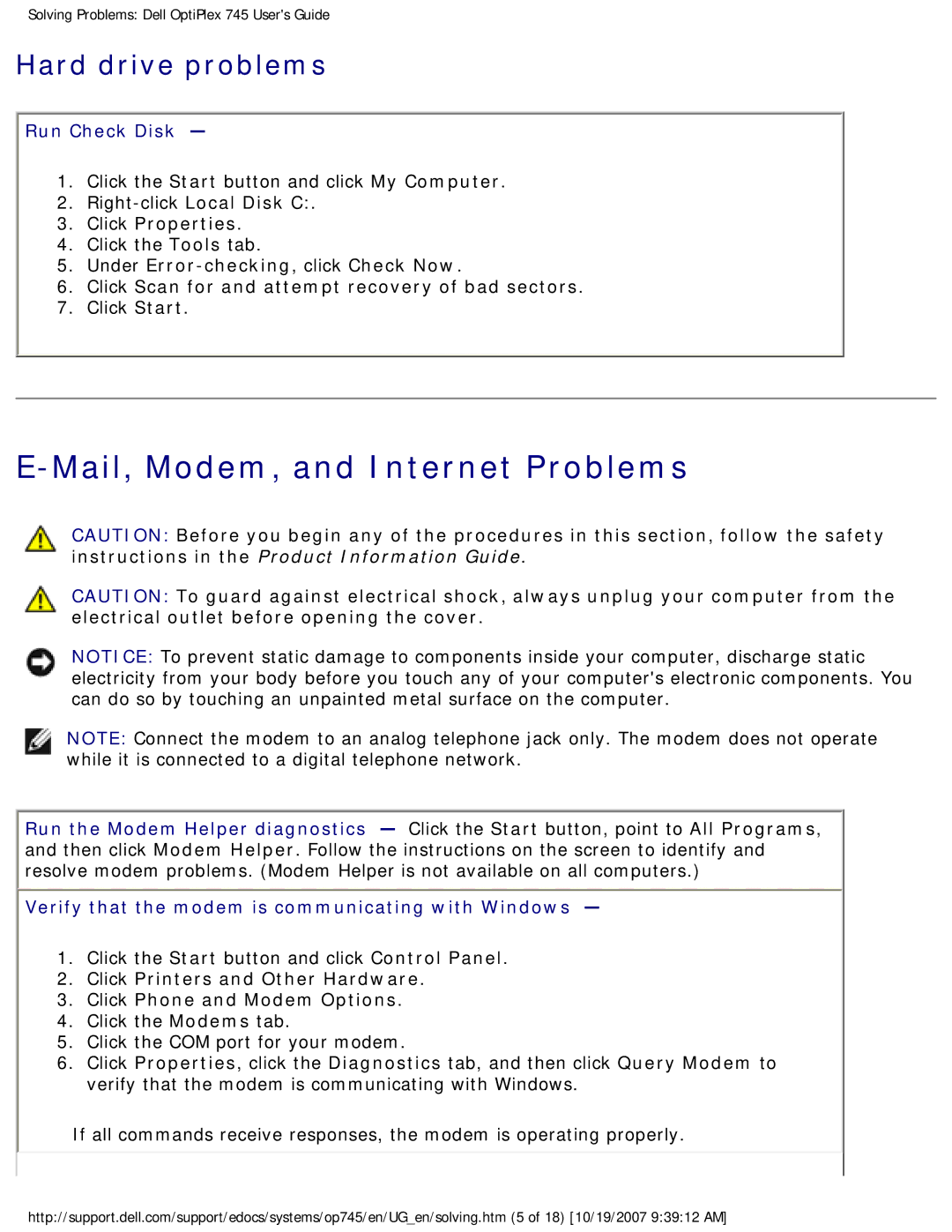 Dell 745 manual Mail, Modem, and Internet Problems, Hard drive problems, Run Check Disk 