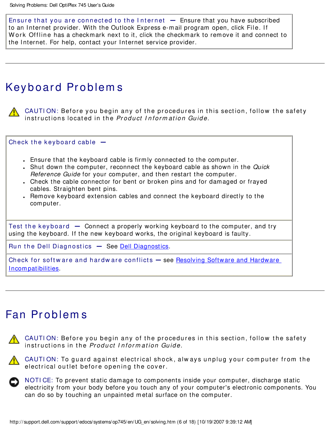 Dell 745 manual Keyboard Problems, Fan Problems, Check the keyboard cable 