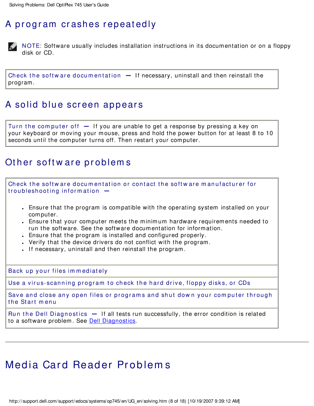 Dell 745 manual Media Card Reader Problems, Program crashes repeatedly, Solid blue screen appears, Other software problems 