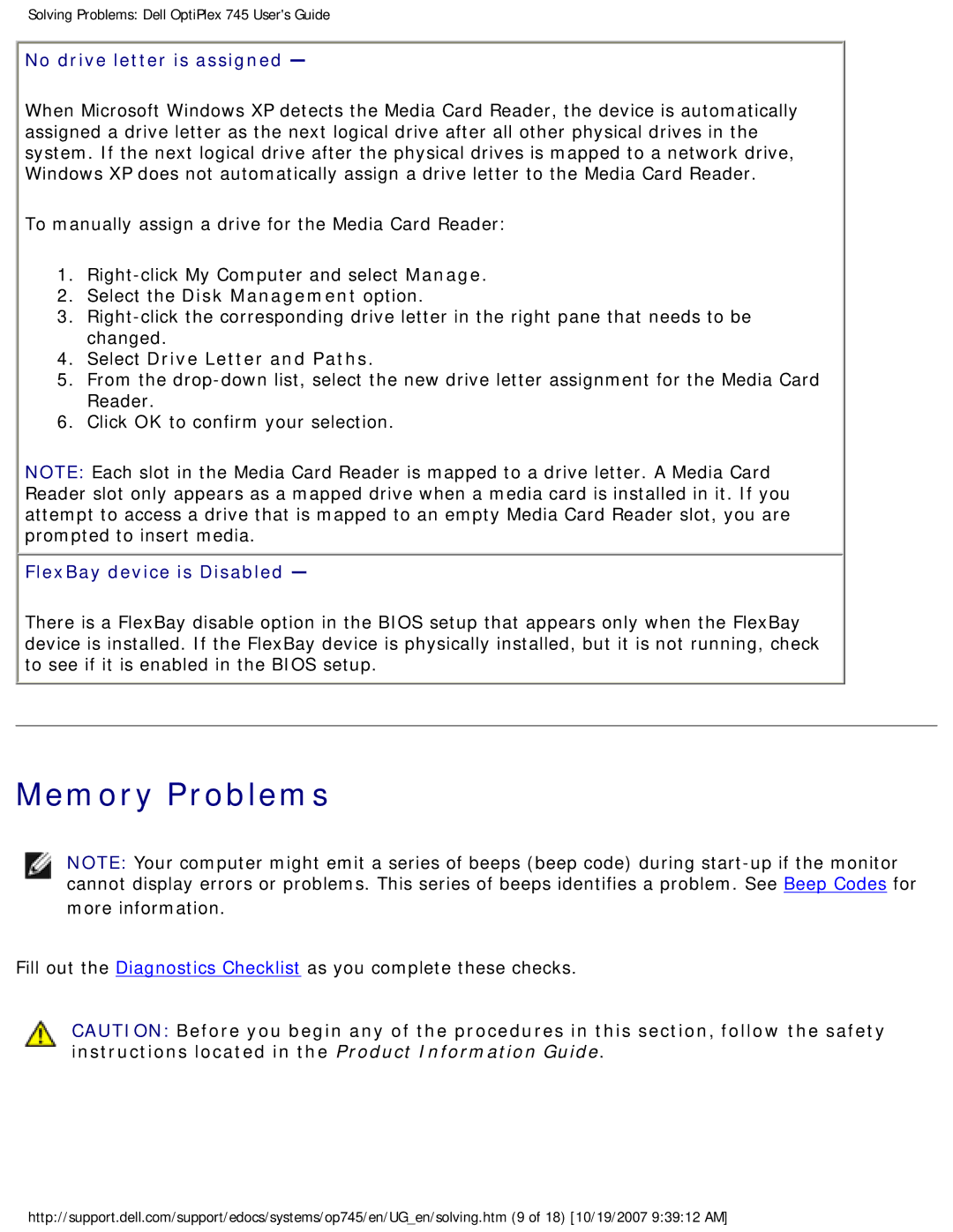 Dell 745 manual Memory Problems, No drive letter is assigned, FlexBay device is Disabled 