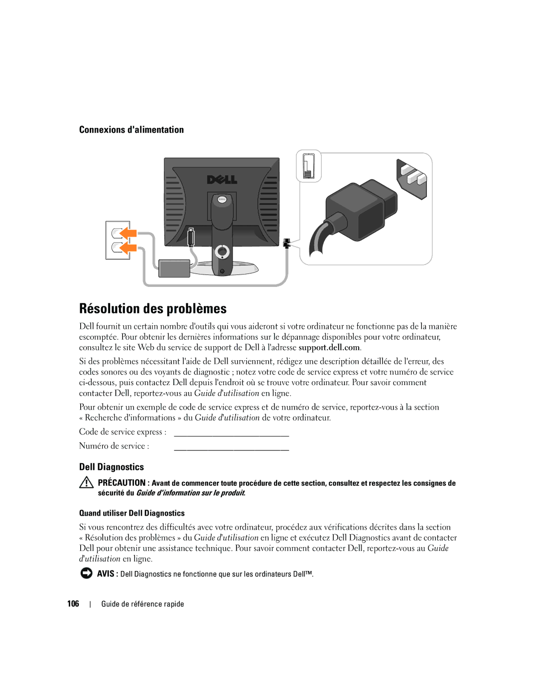 Dell 745 manual Résolution des problèmes, Connexions dalimentation, Quand utiliser Dell Diagnostics, 106 