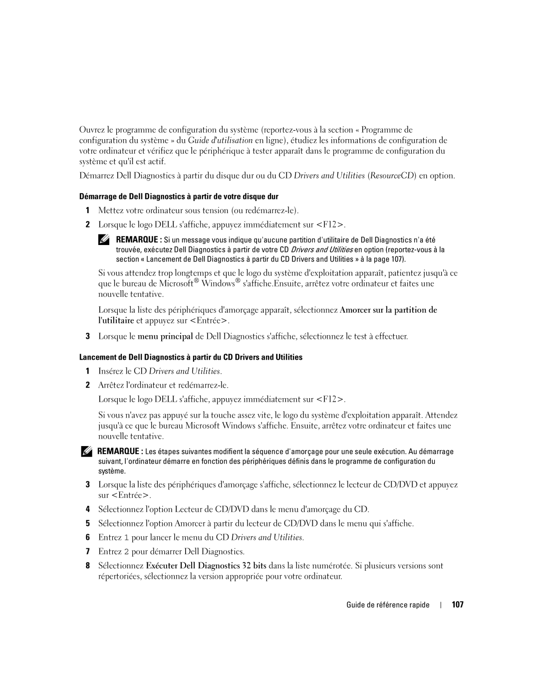 Dell 745 manual Démarrage de Dell Diagnostics à partir de votre disque dur, 107 