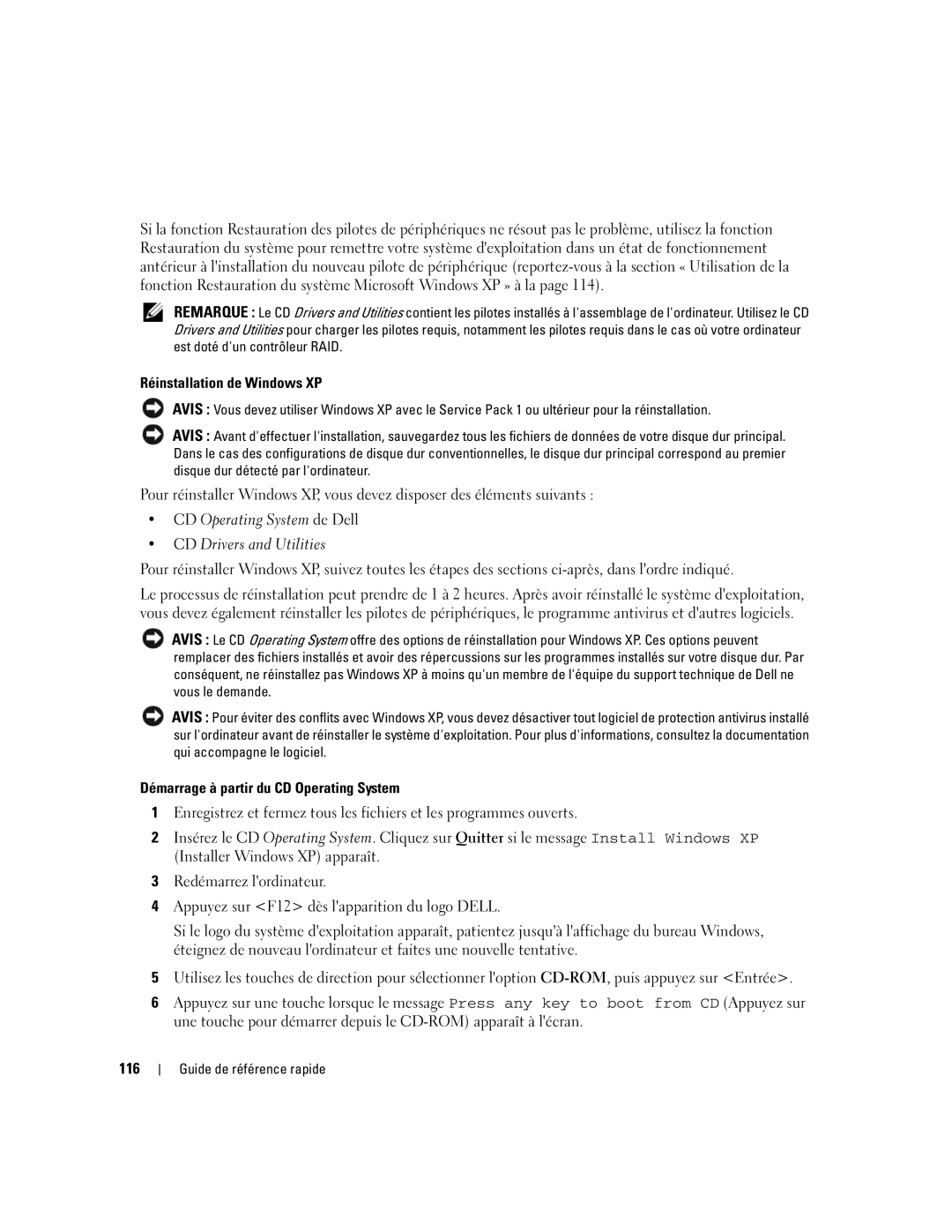 Dell 745 manual Réinstallation de Windows XP, Démarrage à partir du CD Operating System, 116 