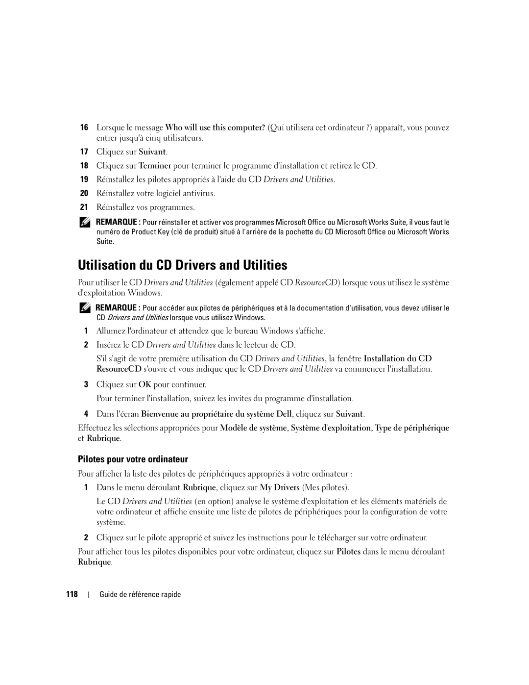 Dell 745 manual Utilisation du CD Drivers and Utilities, Pilotes pour votre ordinateur, 118 