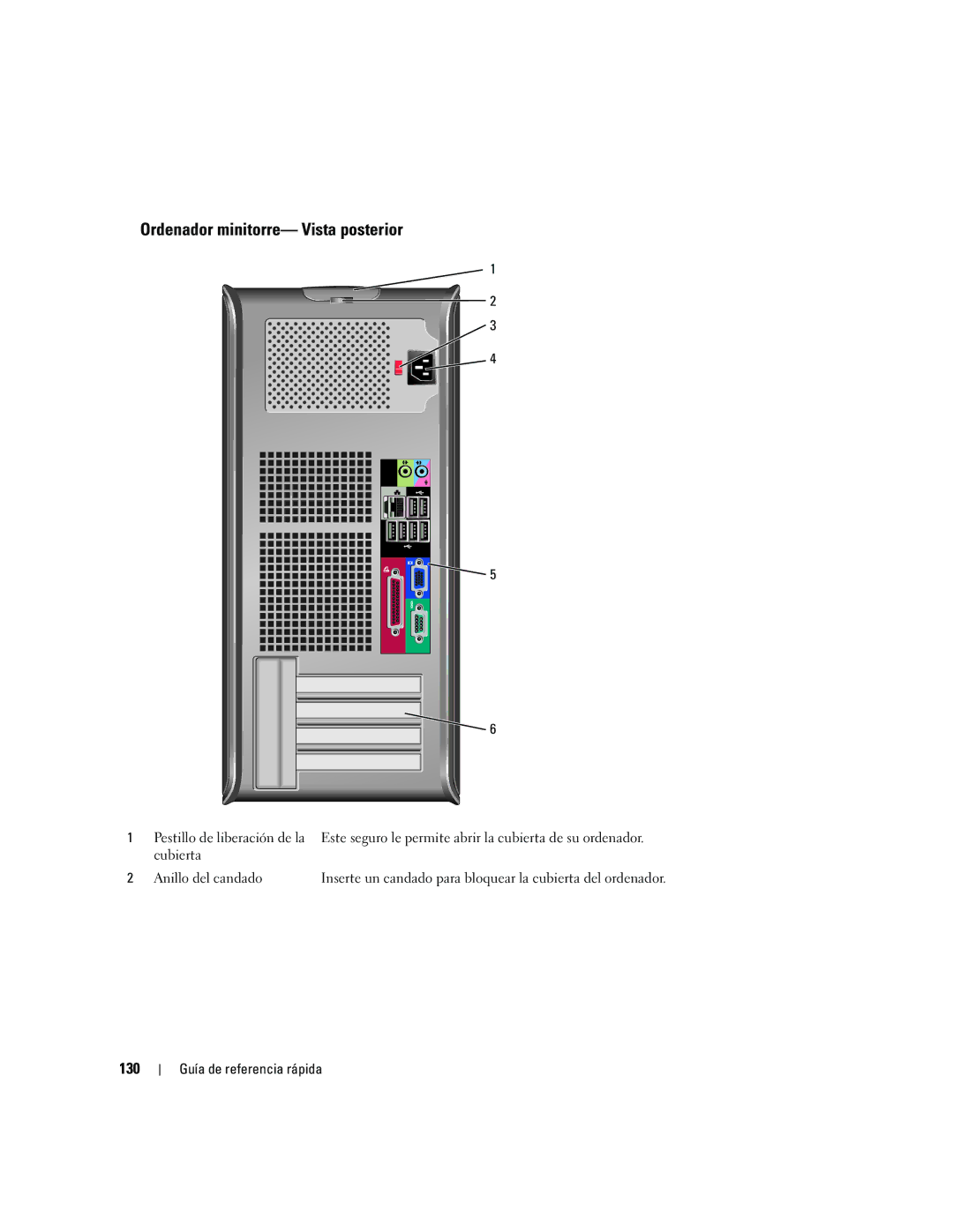 Dell 745 manual Ordenador minitorre- Vista posterior, 130 