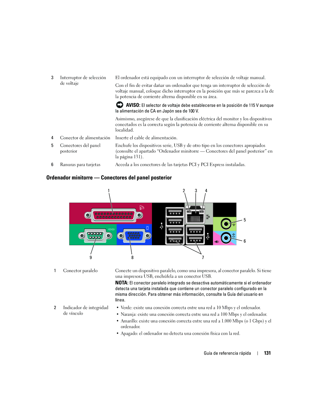 Dell 745 manual Ordenador minitorre Conectores del panel posterior, 131, La alimentación de CA en Japón sea de 100 