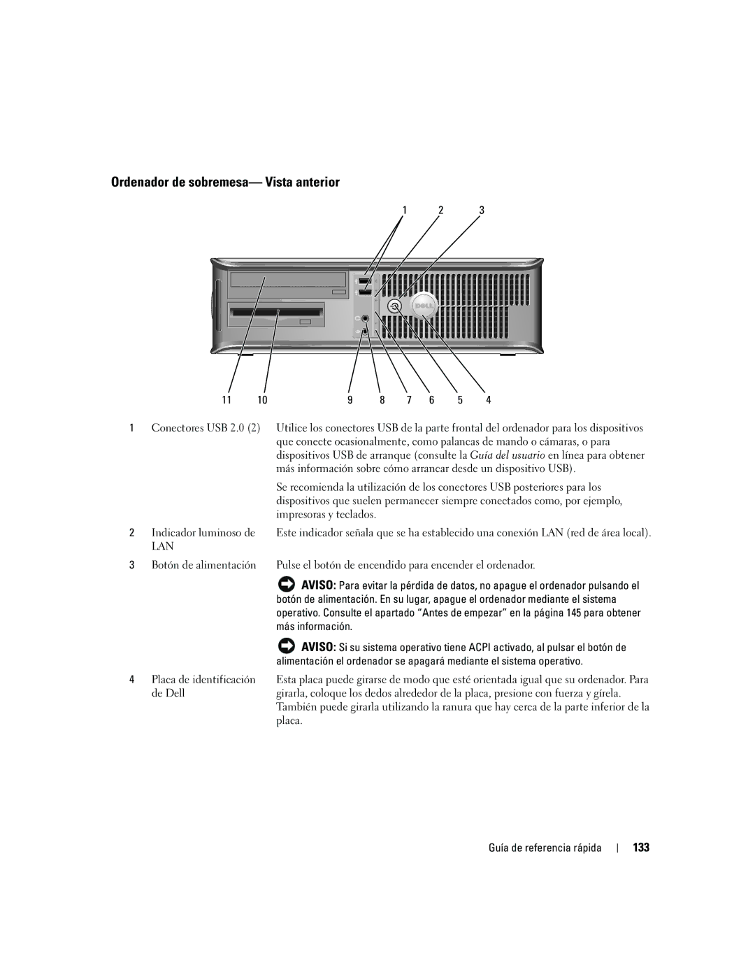 Dell 745 manual Ordenador de sobremesa- Vista anterior, 133, Más información 