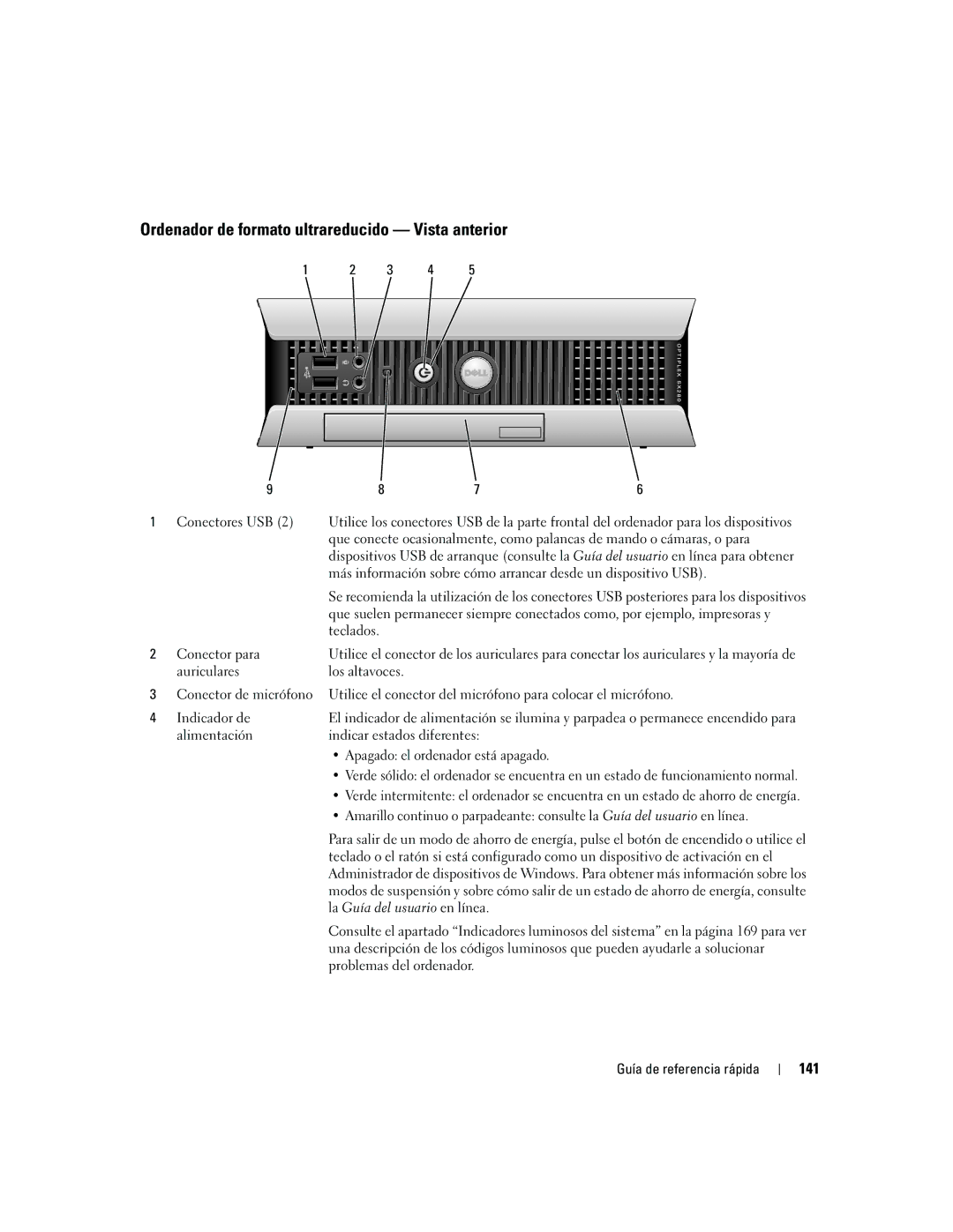 Dell 745 manual Ordenador de formato ultrareducido Vista anterior, 141 