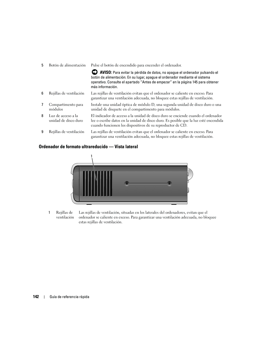 Dell 745 manual Ordenador de formato ultrareducido Vista lateral, 142 