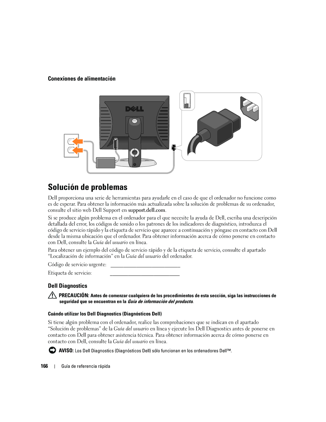 Dell 745 Solución de problemas, Conexiones de alimentación, Cuándo utilizar los Dell Diagnostics Diagnósticos Dell, 166 